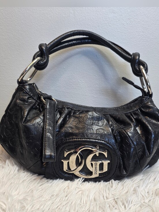 Guess Handbags - GUESS Black Monogram Embossed Hobo Shoulder Bag - Silver GG Hardware